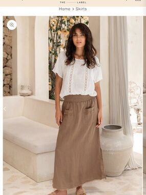 Nomad the Label 100% linen cinnamon brown skirt with smocked waist